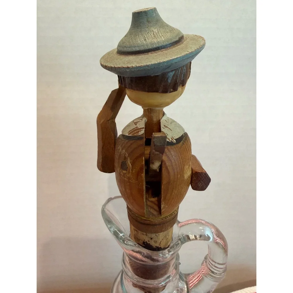 Vintage Hand Carved Wood Mechanical Drummer Bottle Stopper Anri Style Folk Art